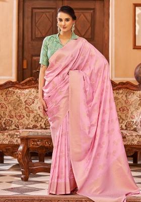 Pink Solid Silk Blend Saree Set