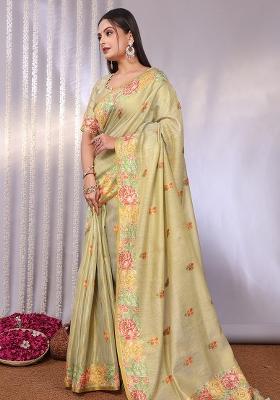 Cream Solid Tissue Saree Set