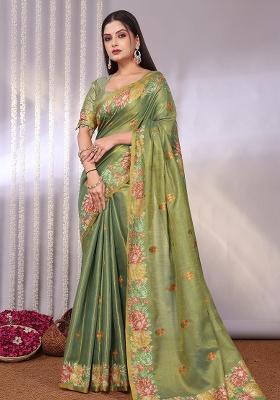 Green Solid Tissue Saree Set