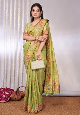 Green Solid Tissue Saree Set