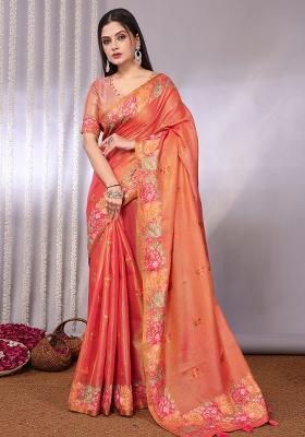 Peach Solid Tissue Saree Set