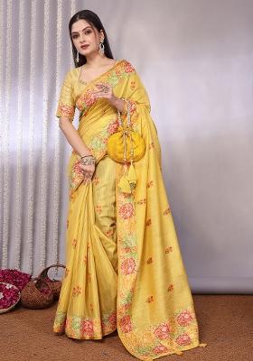 Yellow Solid Tissue Saree Set