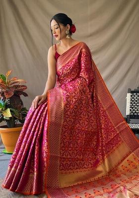 Pink Solid Silk Blend Saree Set