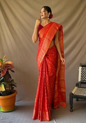 Red Solid Silk Blend Saree Set