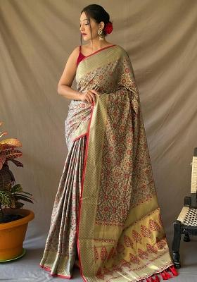 Navy Blue Solid Silk Blend Saree Set