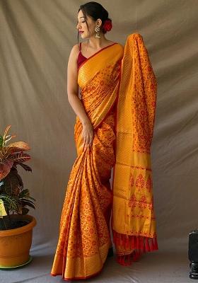 Orange Solid Silk Blend Saree Set