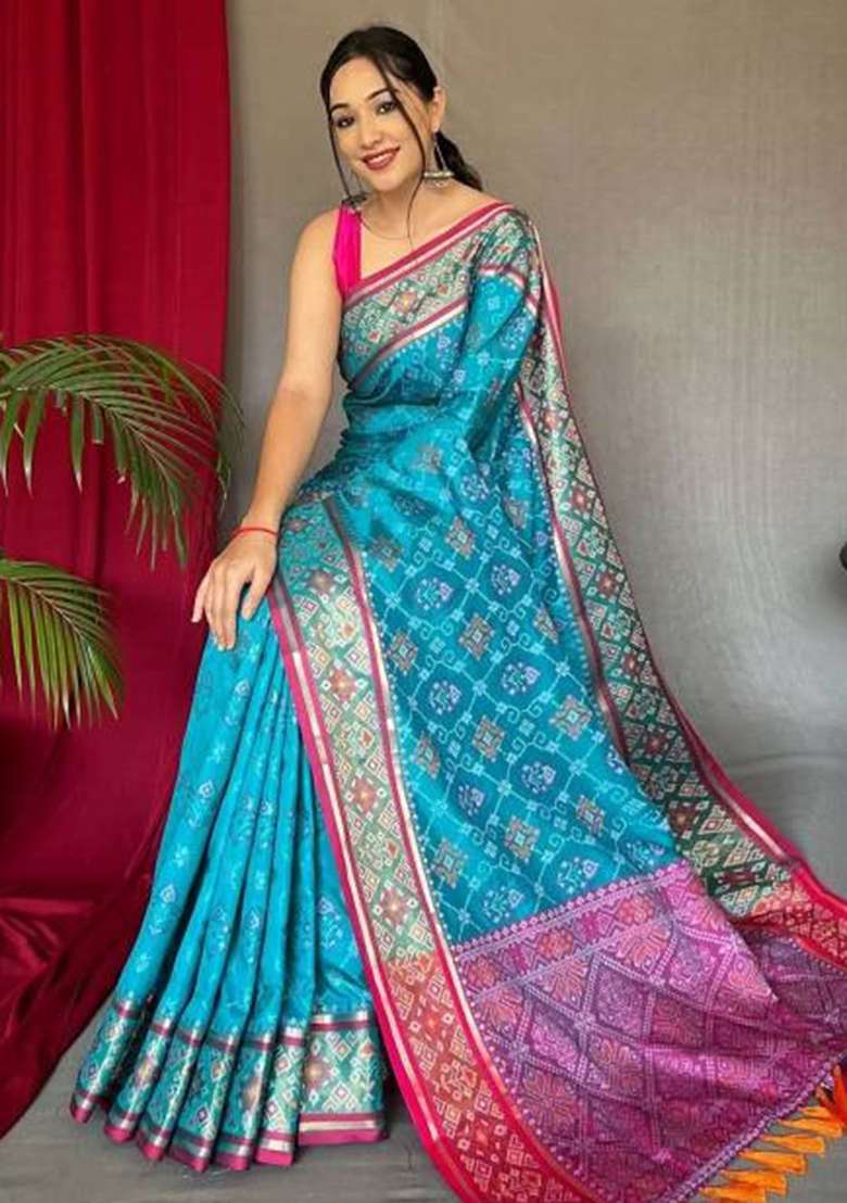 Firozi Blue Solid Silk Blend Saree Set for Diwali | Wedding & Festive Wear - Indya