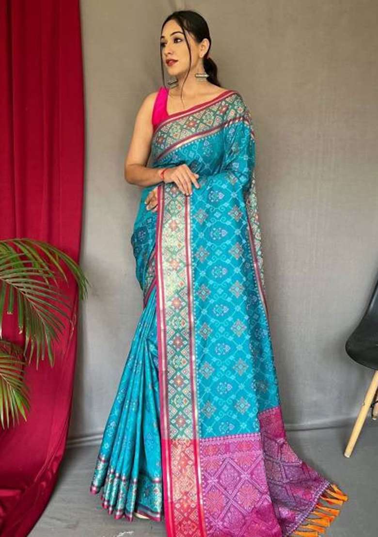 Firozi Blue Solid Silk Blend Saree Set for Diwali | Wedding & Festive Wear - Indya
