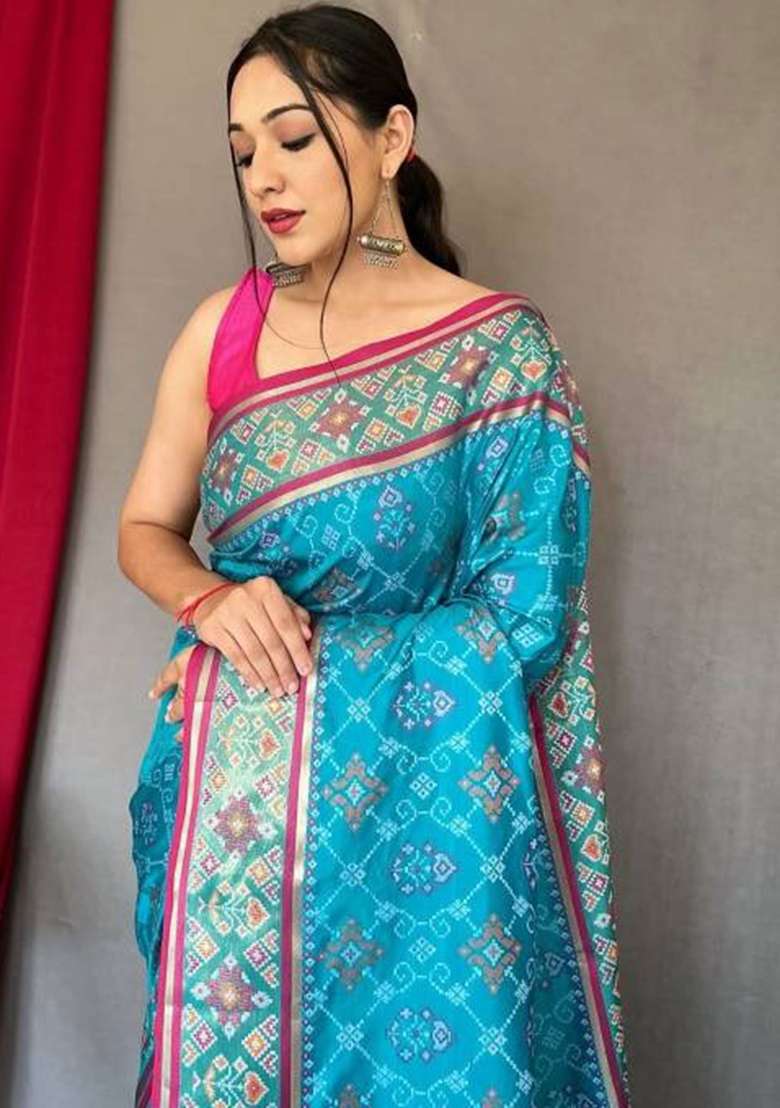 Firozi Blue Solid Silk Blend Saree Set for Diwali | Wedding & Festive Wear - Indya