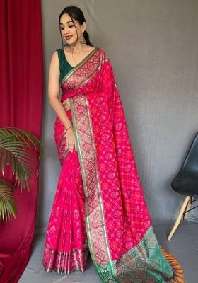Pink Solid Silk Blend Saree Set