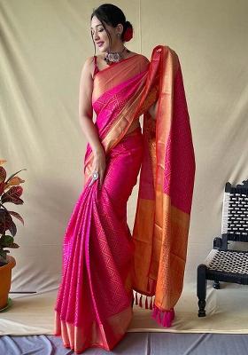 Pink Solid Silk Blend Saree Set