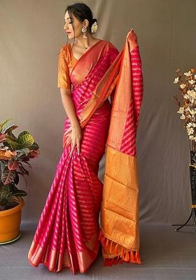 Pink Solid Silk Blend Saree Set