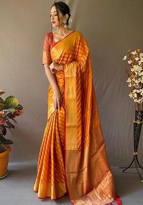 Orange Solid Silk Blend Saree Set
