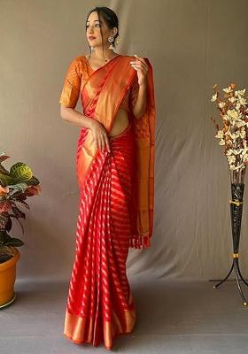 Red Solid Silk Blend Saree Set