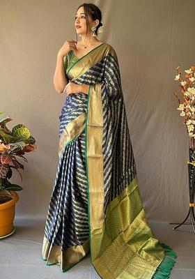 Navy Blue Solid Silk Blend Saree Set