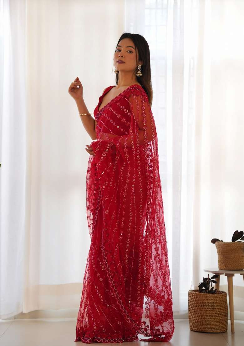 Red Embroidered Net Saree Set - Indya