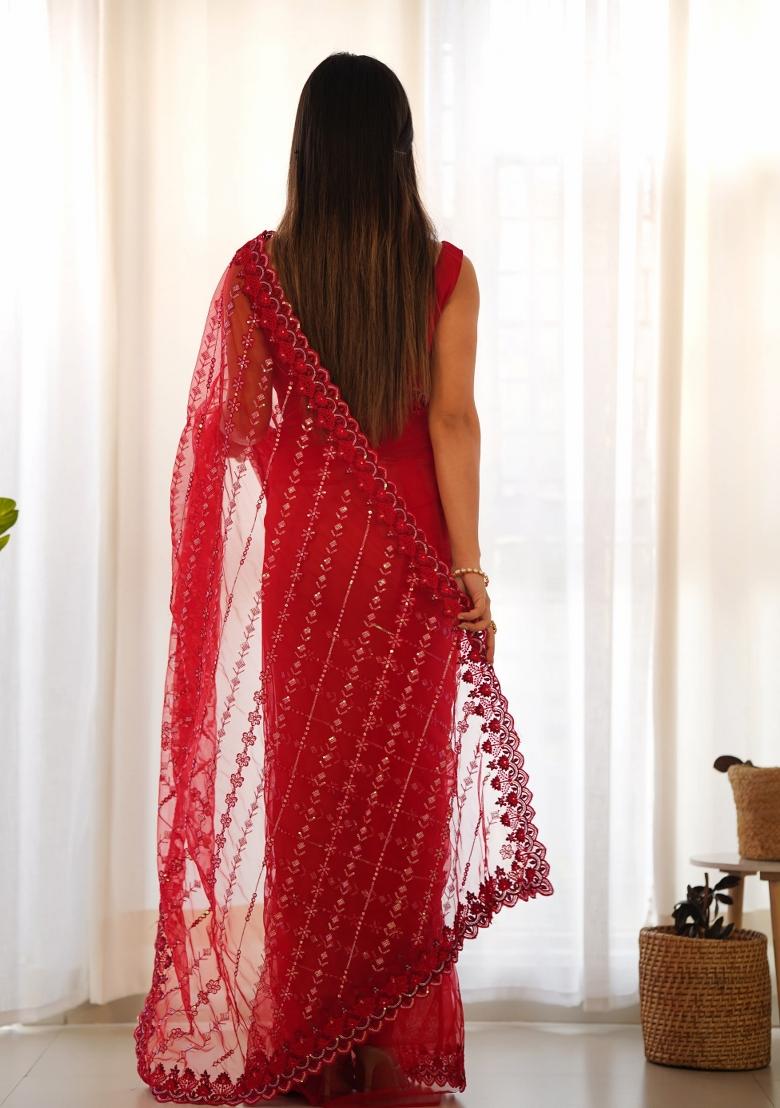 Red Embroidered Net Saree Set - Indya