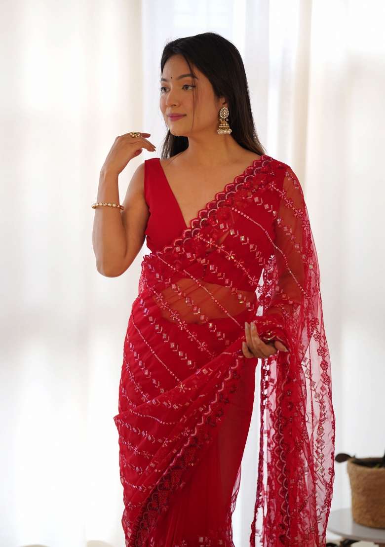Red Embroidered Net Saree Set - Indya