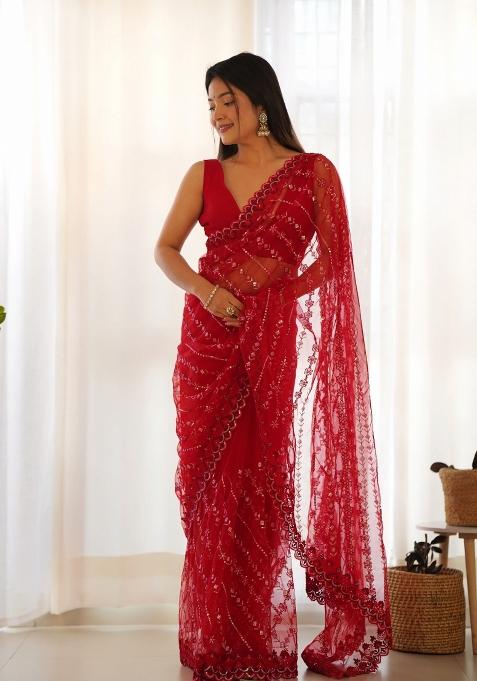Red Embroidered Net Saree Set