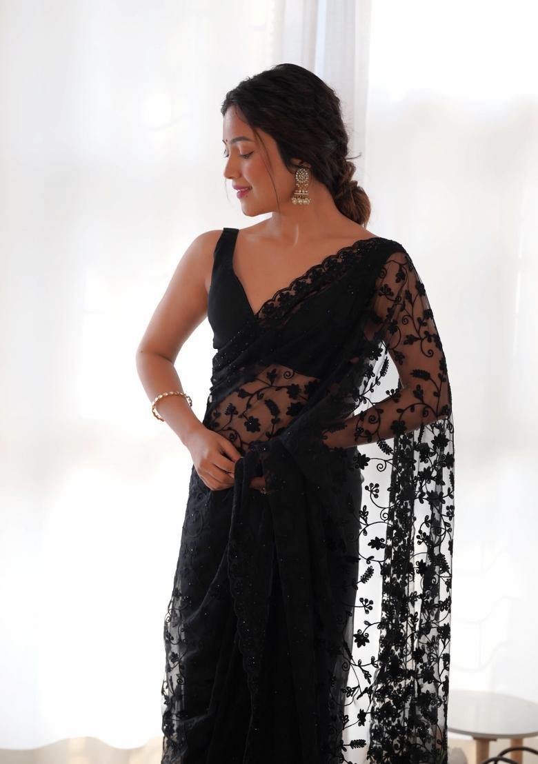 Black Embroidered Net Saree Set - Indya