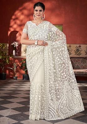 White Embroidered Net Saree Set