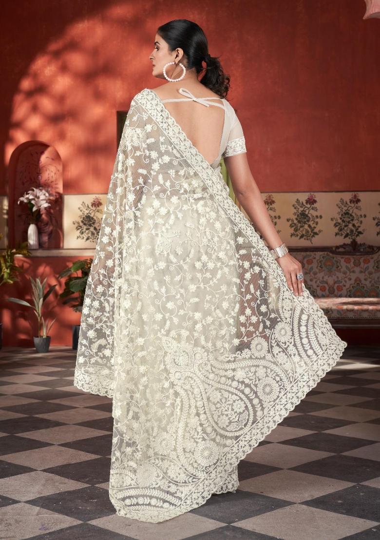 White Embroidered Net Saree Set - Indya