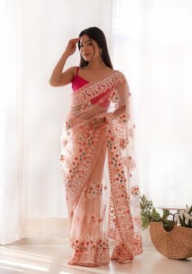 Peach Embroidered Net Saree Set