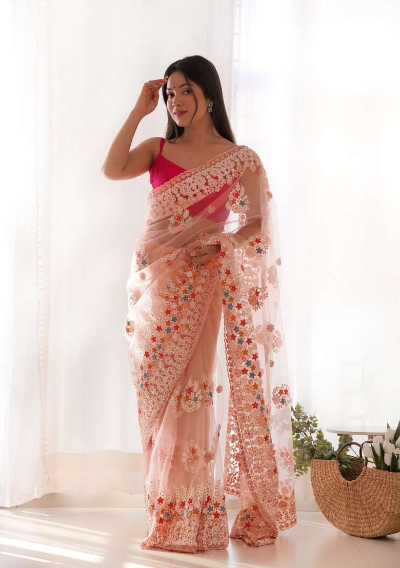Peach Embroidered Net Saree Set - Indya