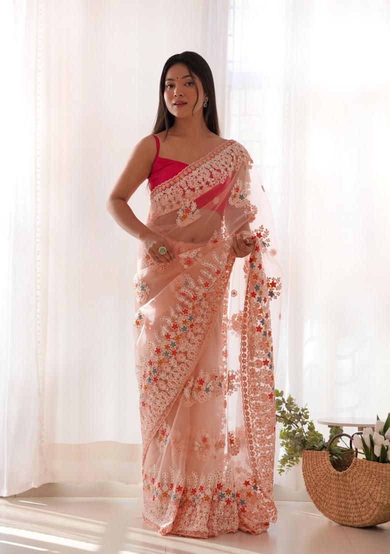 Peach Embroidered Net Saree Set - Indya