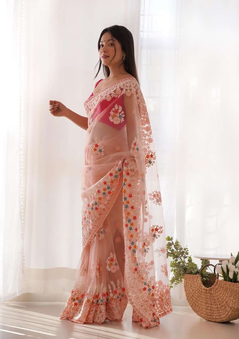 Peach Embroidered Net Saree Set - Indya