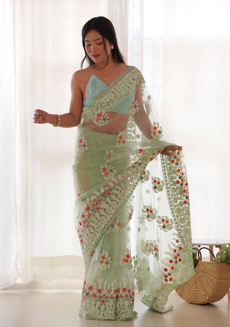 Pista Embroidered Net Saree Set - Indya