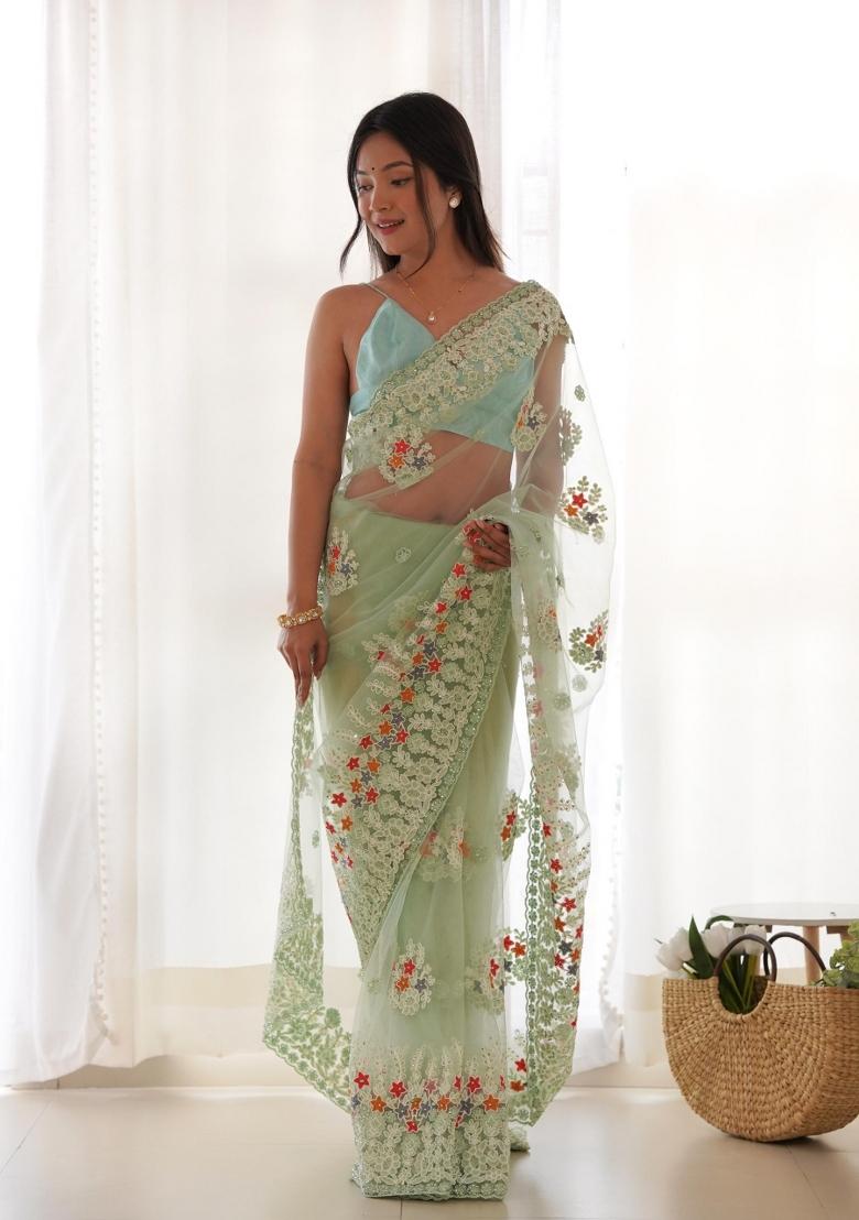 Pista Embroidered Net Saree Set - Indya
