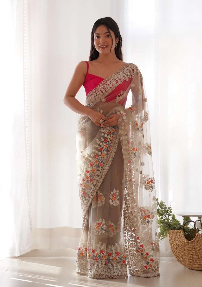 Beige Embroidered Net Saree Set - Indya