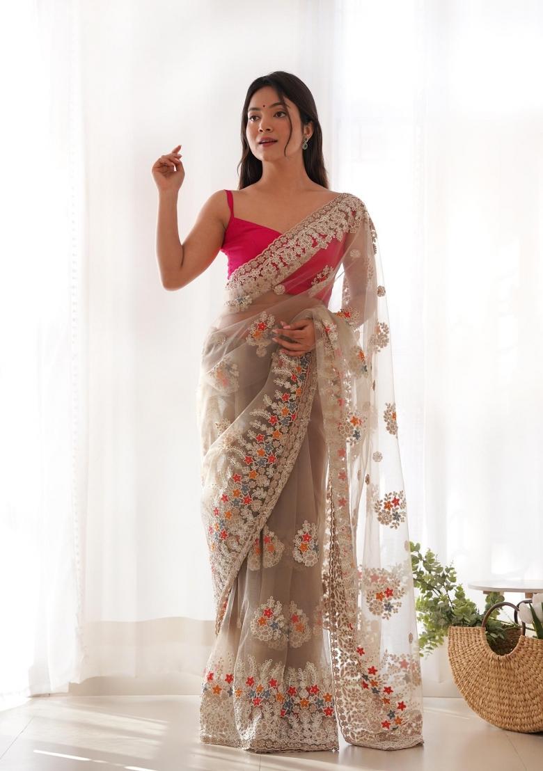 Beige Embroidered Net Saree Set - Indya