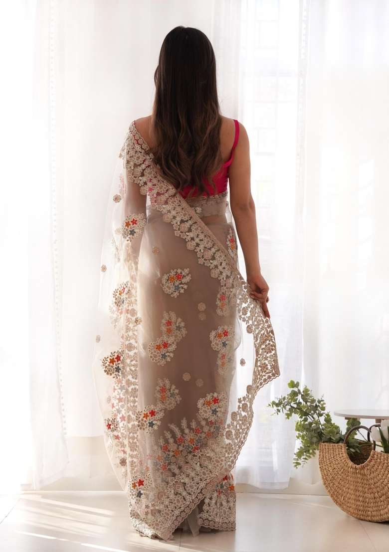 Beige Embroidered Net Saree Set - Indya