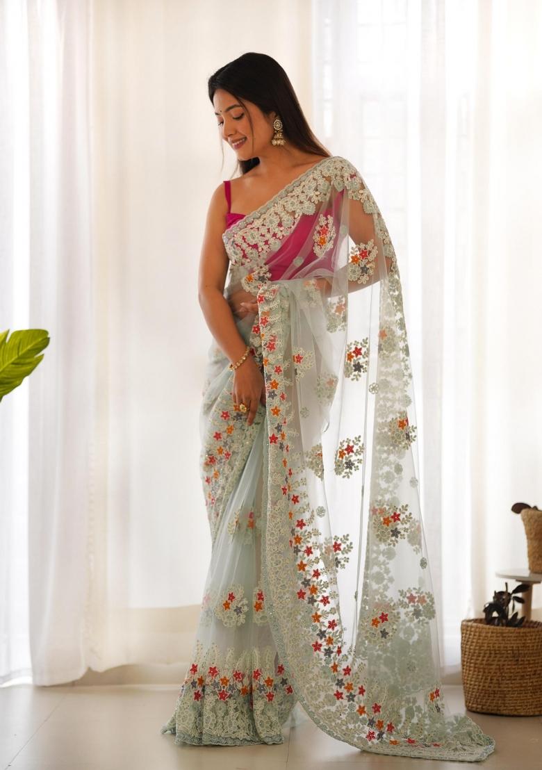 Skyblue Embroidered Net Saree Set - Indya