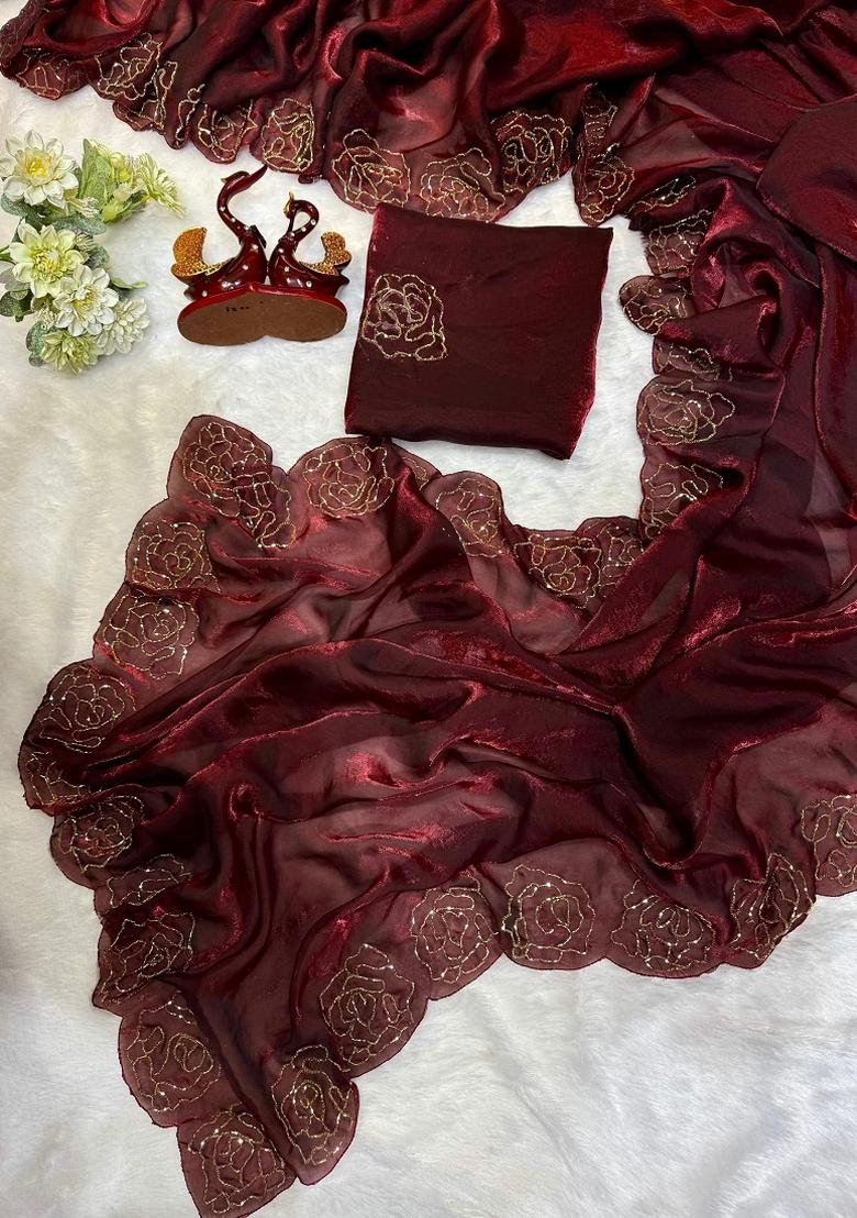 Maroon Embroidered Silk Saree Set - Indya