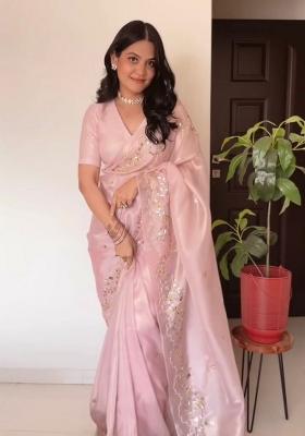 Pink Embroidered Blended Saree Set