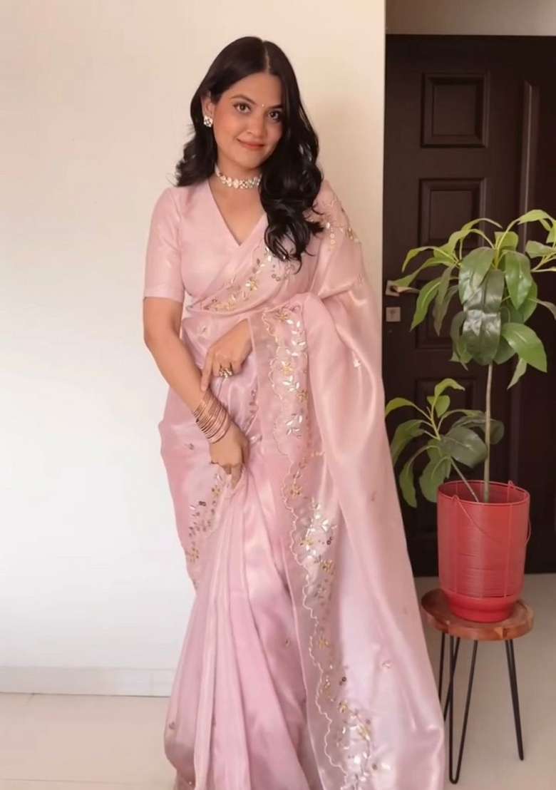 Pink Embroidered Blended Saree Set - Indya