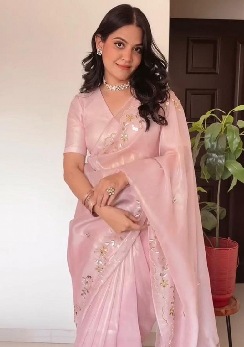 Pink Embroidered Blended Saree Set - Indya