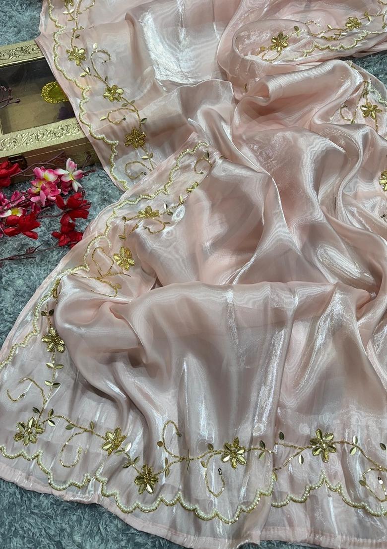 Pink Embroidered Blended Saree Set - Indya