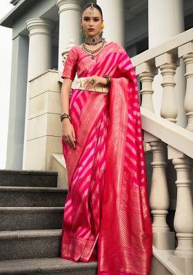 Rani Pink Solid Silk Saree Set