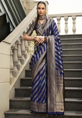 Navy Blue Solid Silk Saree Set
