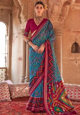 Aqua Blue Printed Georgette Saree Set