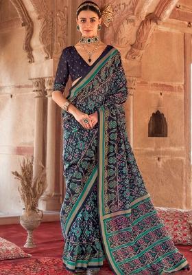 Navy Blue Printed Georgette Saree Set