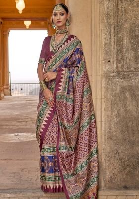Multi Printed Silk Blend Saree Set