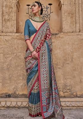 Multi Printed Silk Blend Saree Set