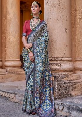 Multi Printed Silk Blend Saree Set