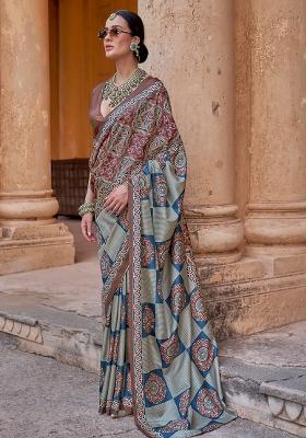 Multi Printed Silk Blend Saree Set