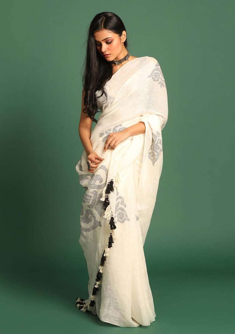 White Linen Saree Set with Printed for Diwali | Wedding & Festive Wear - Indya